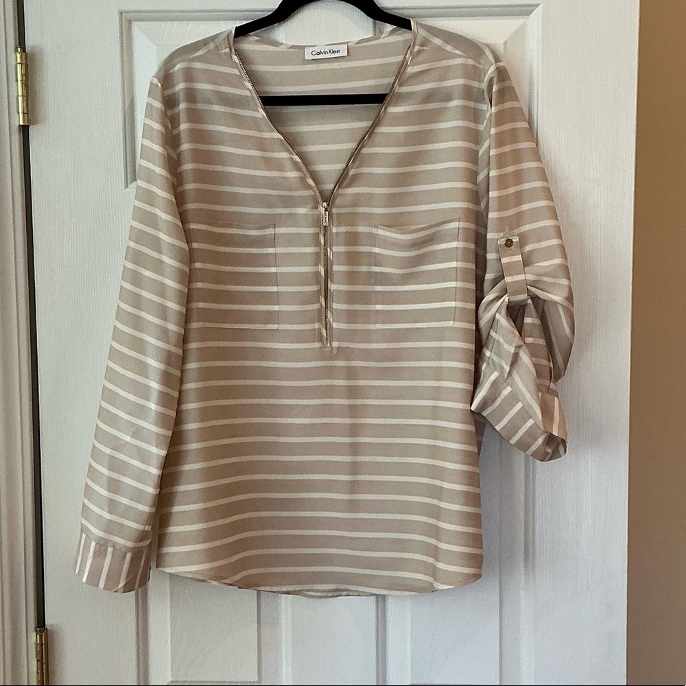 Calvin Klein Beige & White Striped V-Neck Zip Tunic